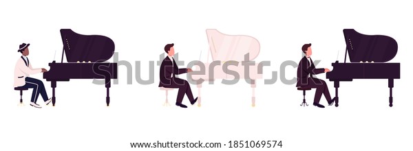 African and caucasian piano players flat color\
vector faceless character set. Classical, jazz musician. Live music\
concert isolated cartoon illustration for web graphic design and\
animation collection
