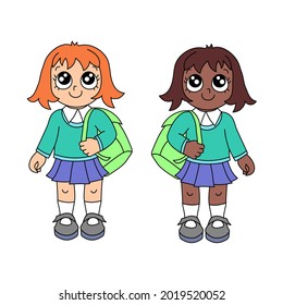 African and caucasian schoolgirls in uniform. Back to school cartoon character student set. Vector illustration of two happy smiling teenge female pupils with backpacks. Black and white classmates.