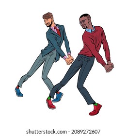 african and caucasian young man dancing, stylish clothes. Freedom and fan, love of music. Pop art Retro vector Illustration 50s 60s Vintage kitsch style