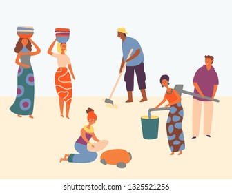 African Character Hard Working Set Design Style. Women Wear Basket on Head. Man Plows Field. People Gain Water in Bucket. Everyone Satisfied Work, Helping Community. Flat Cartoon Vector Illustration