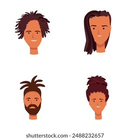African character icons set cartoon vector. People with dreadlocks hairstyle. Fashion, beauty