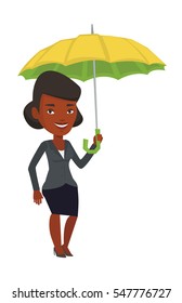 An african cheerful insurance agent. Insurance agent standing safely under umbrella. Business insurance and business protection concept. Vector flat design illustration isolated on white background.