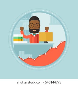 An african cheerful office worker sitting at workplace and enjoying his success in work. Happy office worker working on laptop. Vector flat design illustration in the circle isolated on background.