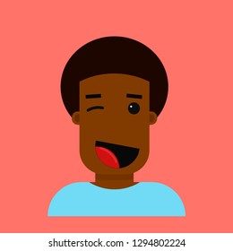 African cheerful young cartoon boy in vector. Modern illustration of winking facial expression.