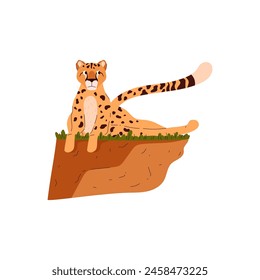 African cheetah lies on a cliff. Cartoon beautiful leopard big wild cat with long tail and black spots. Tropical fastest exotic animal. Vector illustration of savannah predator isolated on white