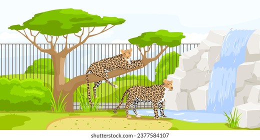 African cheetah lying on branch near fence with pond in zoo. Safari vacation. Natural wildlife. Cartoon design. Cute character. Picturesque landscape. Wild savanna with waterfall. Vector illustration