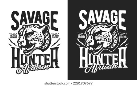 Mascota de chita africana, estampado de camisetas del club de caza, emblema vectorial del club deportivo de cazadores. Mascota de guepardo enojada para caza de safari africana (temporada abierta) o estampado de camisetas del club de caza