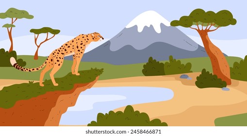 African cheetah standing on a cliff savannah landscape. Cartoon beautiful leopard big wild cat. Fastest mammal exotic animal. Vector illustration of predator hunting in Safari