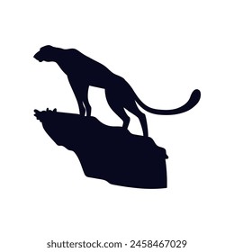 African cheetah standing on a cliff black silhouette vector illustration. Cartoon beautiful leopard big wild cat with long tail. Fastest mammal exotic animal. Outline savannah predator isolated