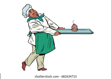 African Chef cook brings a tray of dessert cupcake. Pop art retro comic book vector illustration