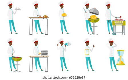 African chef cook cooking chicken on barbecue grill. Chef having a barbecue party. Chef cook preparing chicken on barbecue grill. Set of vector flat design illustrations isolated on white background.