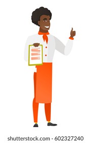 African chef cook in uniform holding clipboard and giving thumb up. Full length of chef cook with clipboard. Chef cook showing clipboard. Vector flat design illustration isolated on white background.