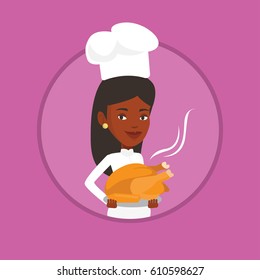 African chef in uniform and cap holding roasted chicken. Chef with whole baked chicken. Chef holding plate with fried chicken. Vector flat design illustration in the circle isolated on background.