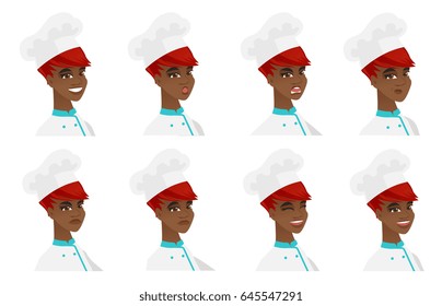 Cocina-cocinera africana con expresión de ira. Retrato de joven cocinero enojado. Conjunto de cocina-chef con diferentes emociones faciales. Ilustraciones de diseño plana vectorial aisladas en fondo blanco.