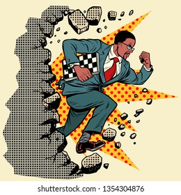 african chess grandmaster breaks a wall, destroys stereotypes. Moving forward, personal development. Pop art retro vector illustration vintage kitsch