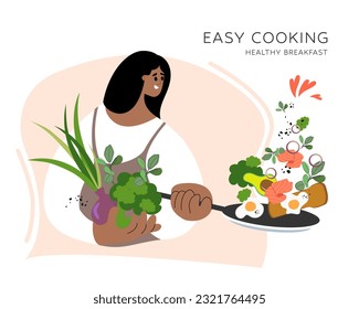 African Chief Cooking, Culinary Classes Concept. Easy cooking. Black Female Character wear Apron Preparing Food, Influencer. Cartoon People Vector Illustration