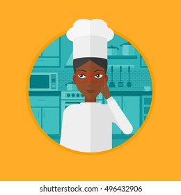 An african chief-cooker standing in the kitchen and pointing forefinger up. Chef thinking about the recipe. Chef having an idea. Vector flat design illustration in the circle isolated on background.