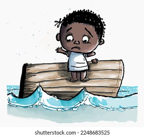 An African child alone in the ocean. A poignant illustration that shows the risks and pain of families trying to cross the Mediterranean Sea.