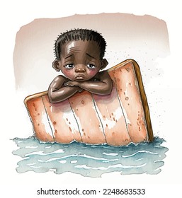 An African child alone in the ocean. A poignant illustration to show the danger and distress of families crossing the Mediterranean.