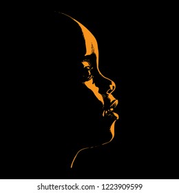 African child looking up. Baby Contour. Silhouette in backlight. Vector. Illustration.