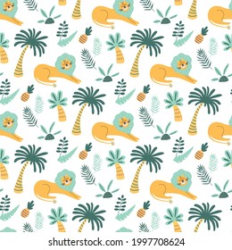 Patrón infantil africano. Animales salvajes de león, palmeras de selva, un bonito fondo tropical de palmeras. León de caricatura. Fondo con un león gracioso, gato salvaje. Ilustración vectorial. Patrón de jungla dibujado a mano para niños.