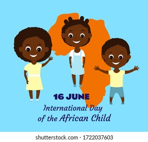 African children boy and girl smiling happily amid a map of the African continent, some waving hello. Poster for the International Day of the African Child. Can be used in animation.