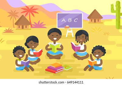 African children read and sit in circle with blackboard and chalk behind outdoor in village with small houses vector illustration.