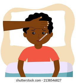 African children suffering from flu in bed under blanket with mom’s hand on his forehead. Sick kids has fever and take thermometer in mouth. Flu or cold allergy symptom cartoon. Influenza treatment.