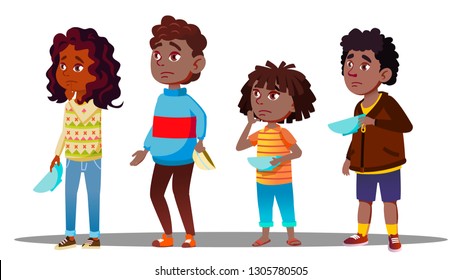 African Children Waiting In Line With Empty Plates For Social Dinner Vector. Isolated Illustration