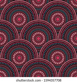 African Circular Shapes Fabric Print Vector Seamless Pattern. Ethnic Motifs Modern Repeating Geometry. South African Folk Circle Mandala Elements Seamless Geometric Pattern.