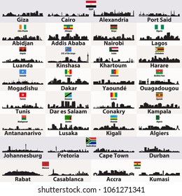 African cities skylines silhouettes vector set