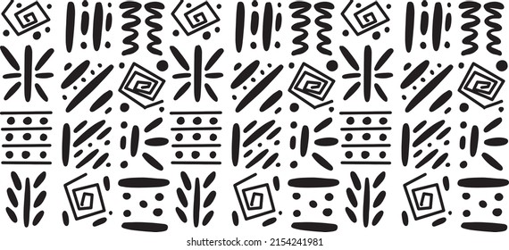 African clash ethnic tribal seamless pattern background. Vector black and white square repeat lines backdrop for Black History Month, Juneteenth, Kwanzaa print, banner, wallpaper.