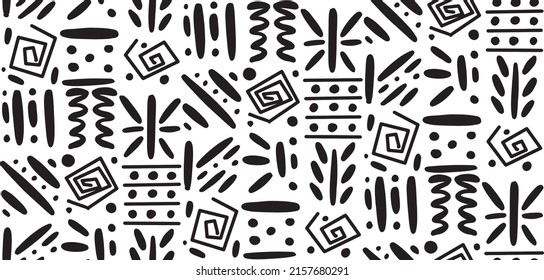 African clash ethnic tribal seamless pattern background. Vector black and white square repeat lines backdrop for Black History Month, Juneteenth, Kwanzaa print, banner, wallpaper.