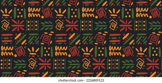 African clash ethnic tribal seamless pattern background. Vector red, yellow, green symbols, square repeat lines backdrop for Black History Month, Juneteenth, Kwanzaa print, banner, wallpaper.