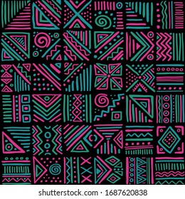 African Clash Vector Seamless Pattern In Ethnic Tribal Style. Can Be Printed And Used As Wrapping Paper, Wallpaper, Textile, Fabric, Apparel, Etc.