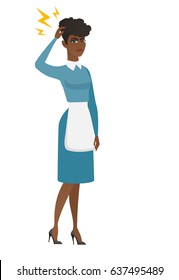 African cleaner with lightning over head. Full length of young cleaner with lightning. Furious cleaner in uniform standing under lightning. Vector flat design illustration isolated on white background