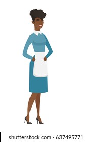 African cleaner in uniform laughing. Full length of young cleaner laughing with hands on her stomach. Cleaner laughing with closed eyes. Vector flat design illustration isolated on white background.