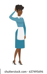 African cleaner in uniform scratching her head. Full length of young thoughtful cleaner scratching head. Puzzled cleaner scratching head. Vector flat design illustration isolated on white background.