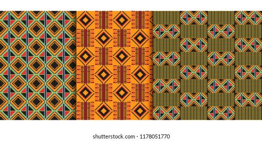 African Cloth Kente. Set of Ethnic seamless patterns. Geometric design.