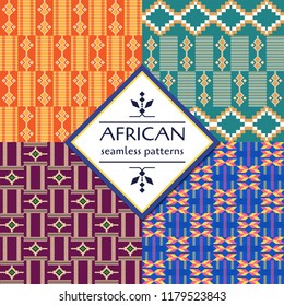 African Cloth Kente. Set of Ethnic seamless patterns. Geometric design.