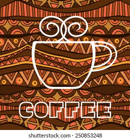 African coffee poster. Ethnic background with brown colors ornament. White contours of cup and coffee word like title. Kenyan coffee concept. Poster or card template. Vector file is EPS8.