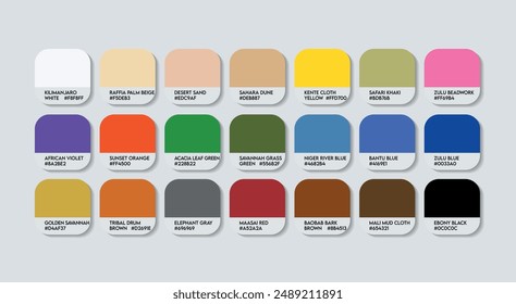 African Color Palette, African Color Guide Palette with Color Names. Catalog Samples of MultiColor with RGB HEX codes and Names. Paint Colors Palette Vector, Fashion Trend Color Palette Vector tones