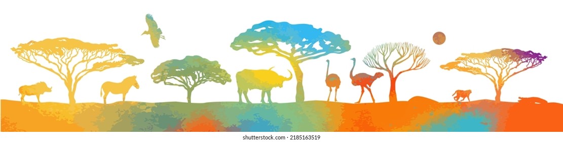 African colorful animals. African landscape. Vector illustration