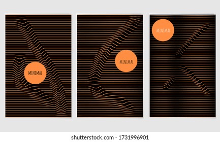 African colors original linear covers set. Wavy abstract lines and shapes. Set of posters with modern graphic design. Minimal cover templates collection in orange, black colors. 3d effect backgrounds.