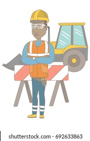 African confident builder standing on the background of excavator and road barrier. Young cnfident builder standing with arms crossed. Vector sketch cartoon illustration isolated on white background.