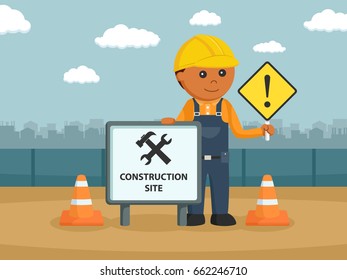african construction worker with signs