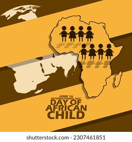 African continent with icon of children holding hands with earth and bold text on dark brown background to commemorate International Day of the African Child on June 16