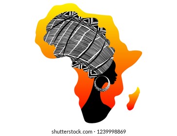 African continent, portrait beautiful Afro woman in traditional turban, Kente head wrap African, Traditional dashiki printing, black women with traditional bone earring, vector silhouette isolated 