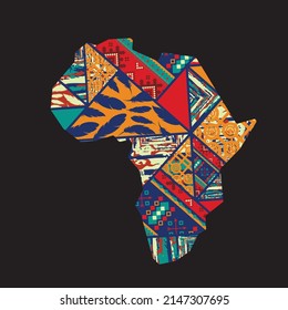 African continent silhouette isolated on black background with boho pattern. Tribal ethnic design with different bright national color elements