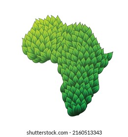 African continent silhouette isolated on white background with green leaves and grass